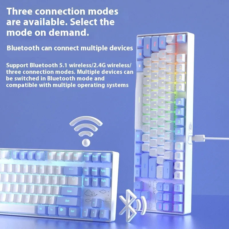 Wireless Bluetooth mechanical keyboard with metal frame in blue white and purple white colour options