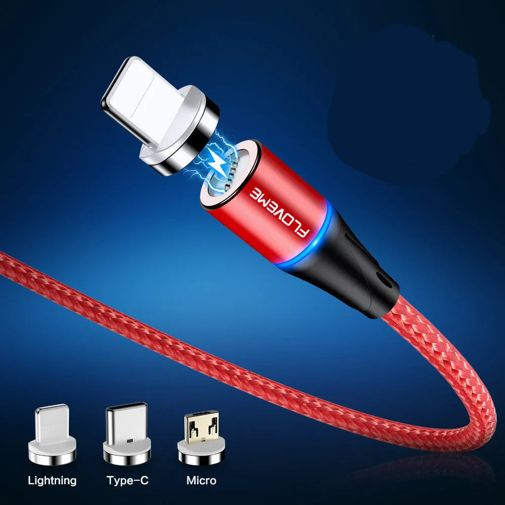 Black magnetic 3-in-1 fast charge data cable with side LED light for Apple and Android phones