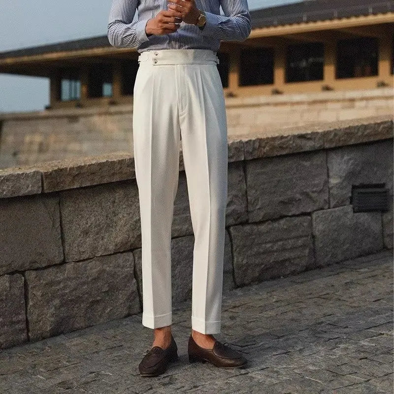 Men's slim fit straight leg suit trousers in black, white or apricot colours with business formal styling
