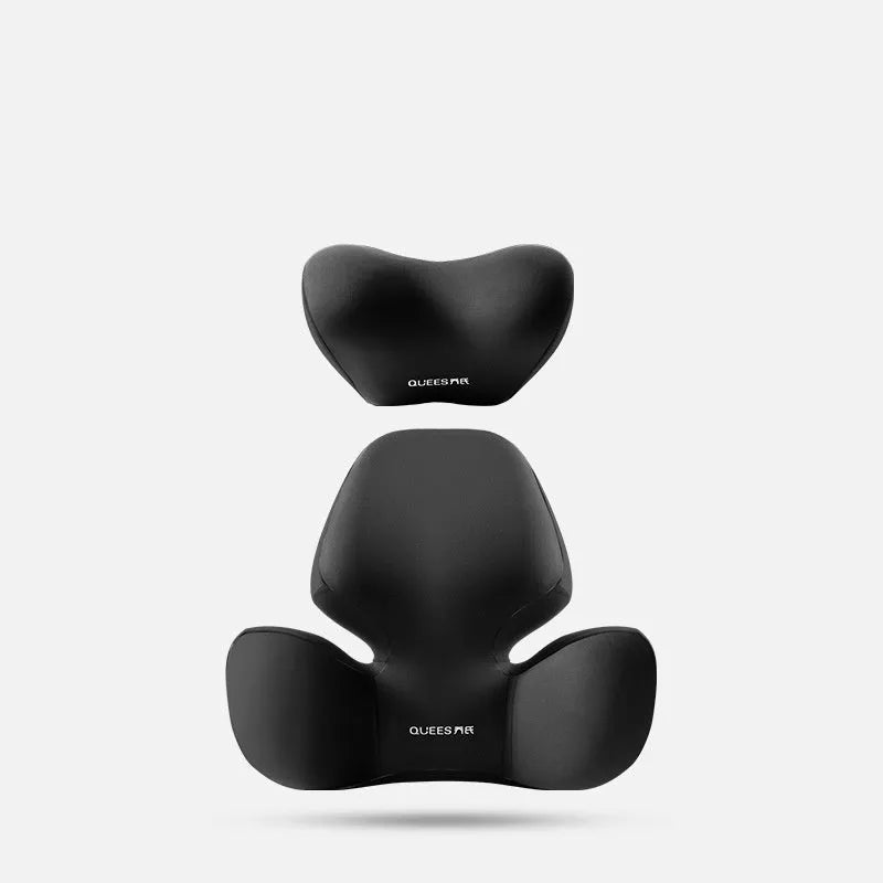 Black and grey memory foam car lumbar support pillow and matching headrest cushion on a car seat.