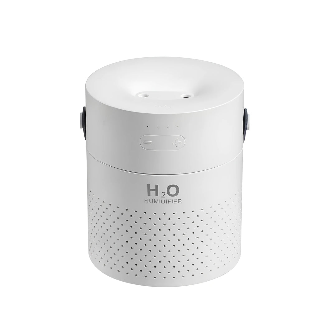 Slim modern USB rechargeable humidifier with coloured lights on a bedroom side table.
