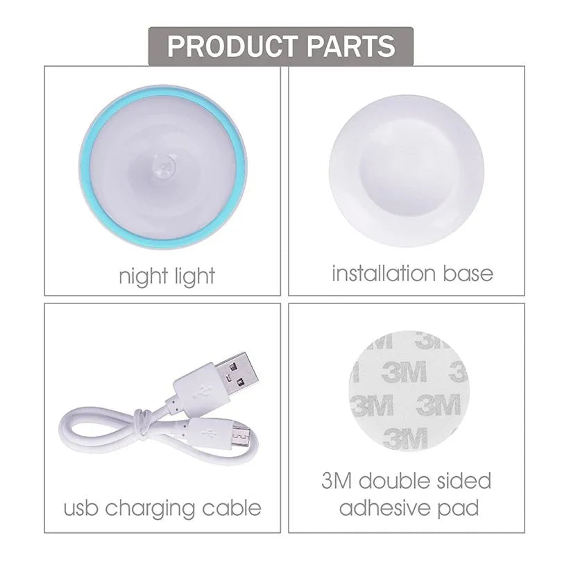 Human body induction night light with 360-degree rotating LED head, motion sensor, USB rechargeable, white colour