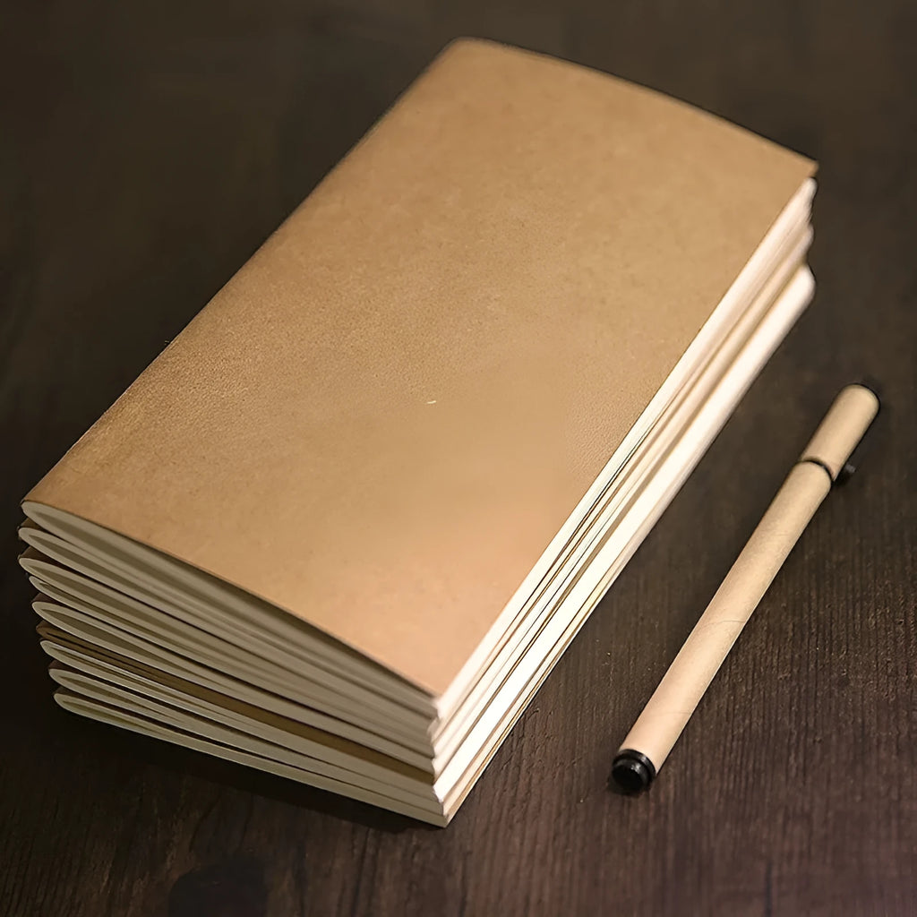 Travel diary notebook with 300G kraft cover, 110x210mm size, open to a lined page showing handwritten notes