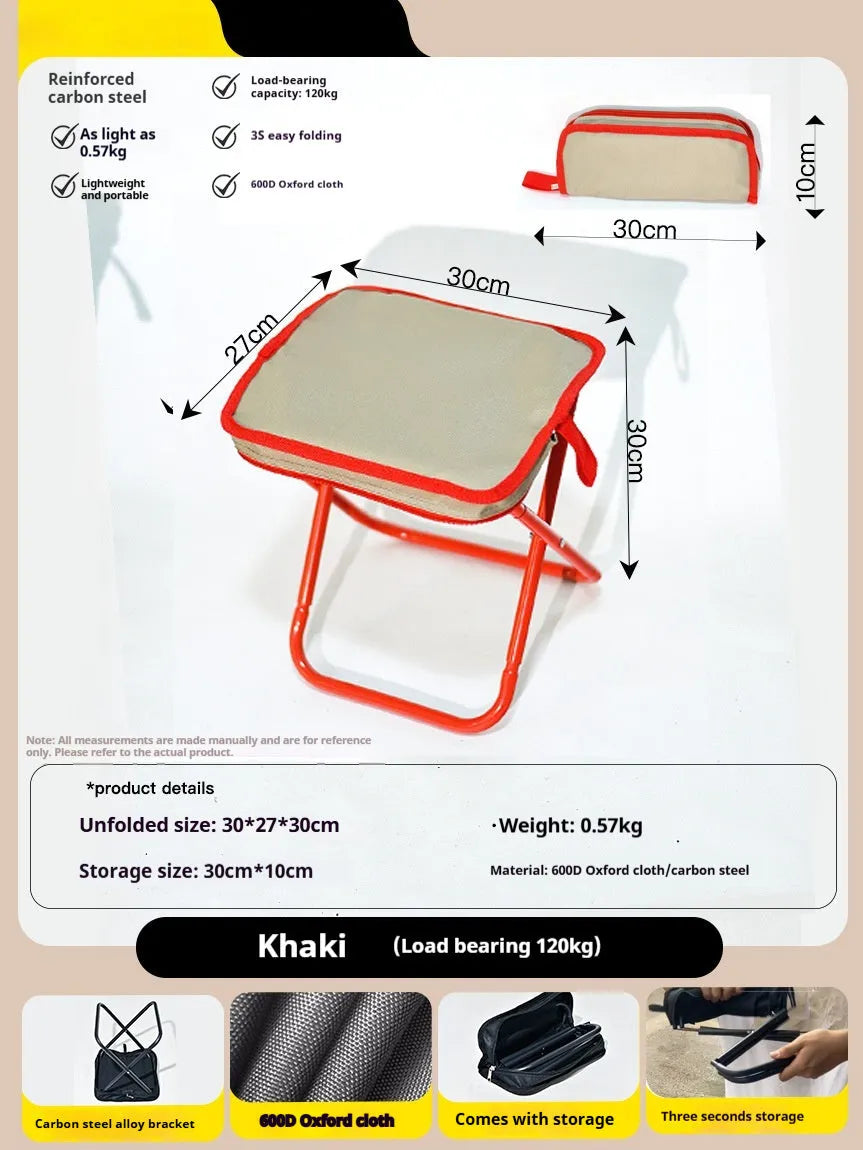 Lightweight foldable outdoor camp stool in Oxford cloth, shown folded and unfolded in khaki colour.