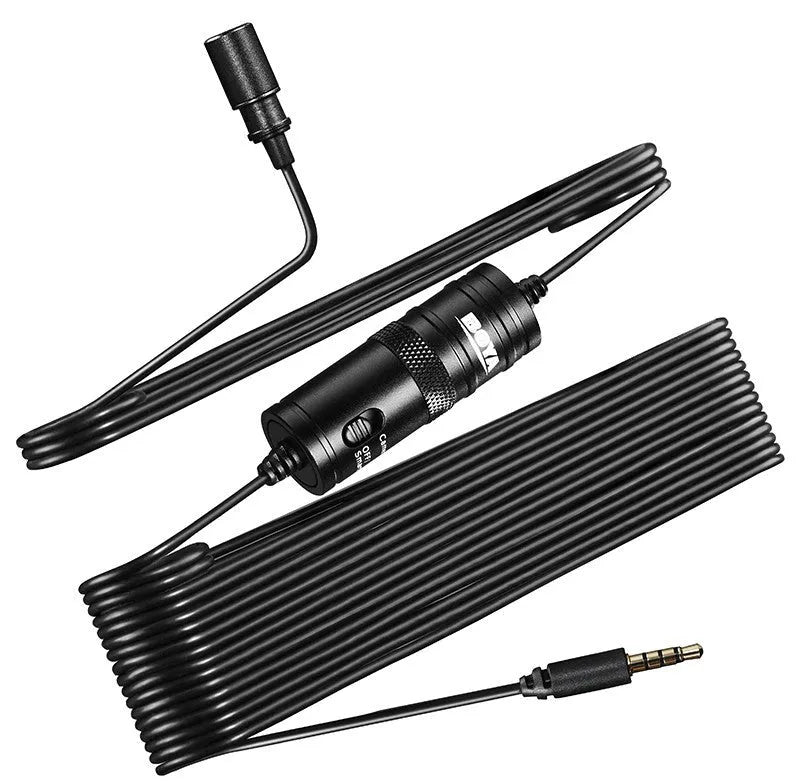 Black lavalier microphone with clip and 3.5mm plug on a white background