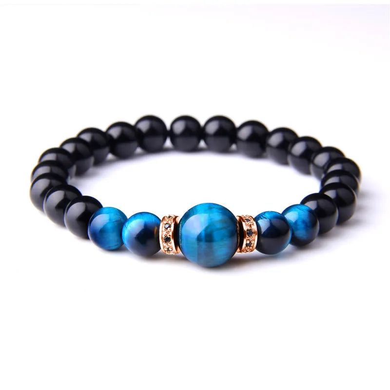 Men's natural stone bracelet with tiger eye beads, 8mm round, elastic, invisible clasp, brown stone with silver metal finish