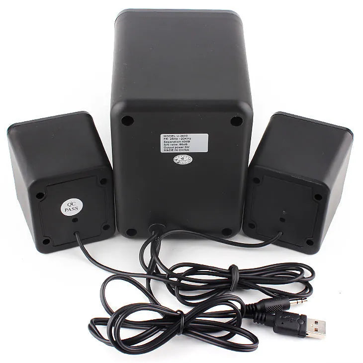 Green 2.1 USB computer speaker with glowing colourful LED lights showing USB and 3.5mm ports