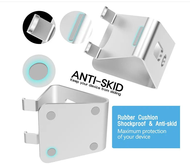 Aluminium Universal Phone Buddy stand holding a mobile phone, shown in silver finish.