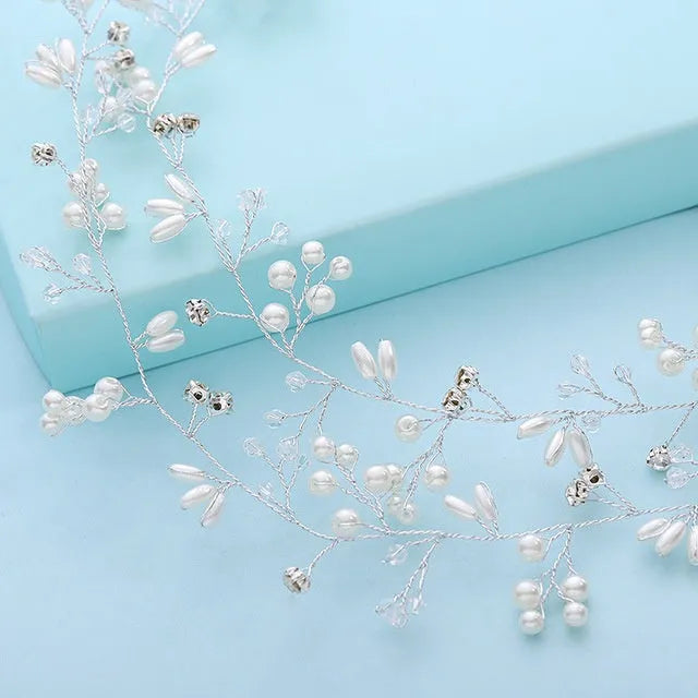 Bride's long hair band with crystal and pearl decoration in gold, silver, or rose gold colour options.