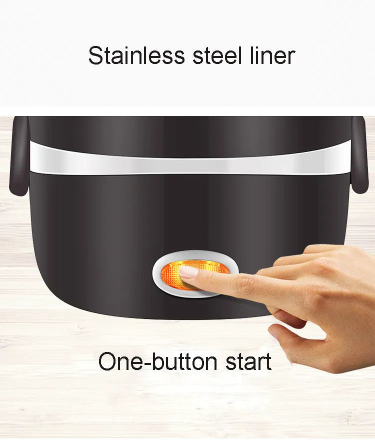 USB-powered electric lunch box showing two-layer and three-layer insulated compartments with capacity options