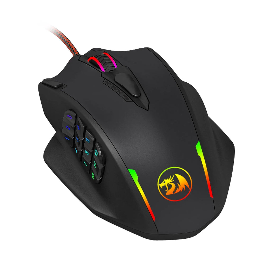 Redragon M908 black one-hander gaming mouse with ergonomic contour and adjustable weight system