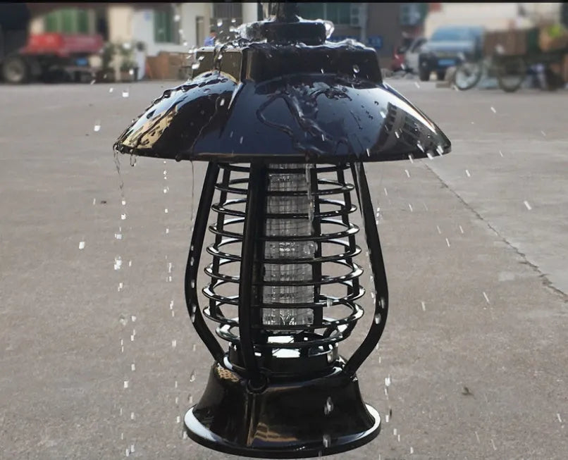 White solar-powered mosquito killer lamp with solar panel and LED lights for outdoor garden insect control