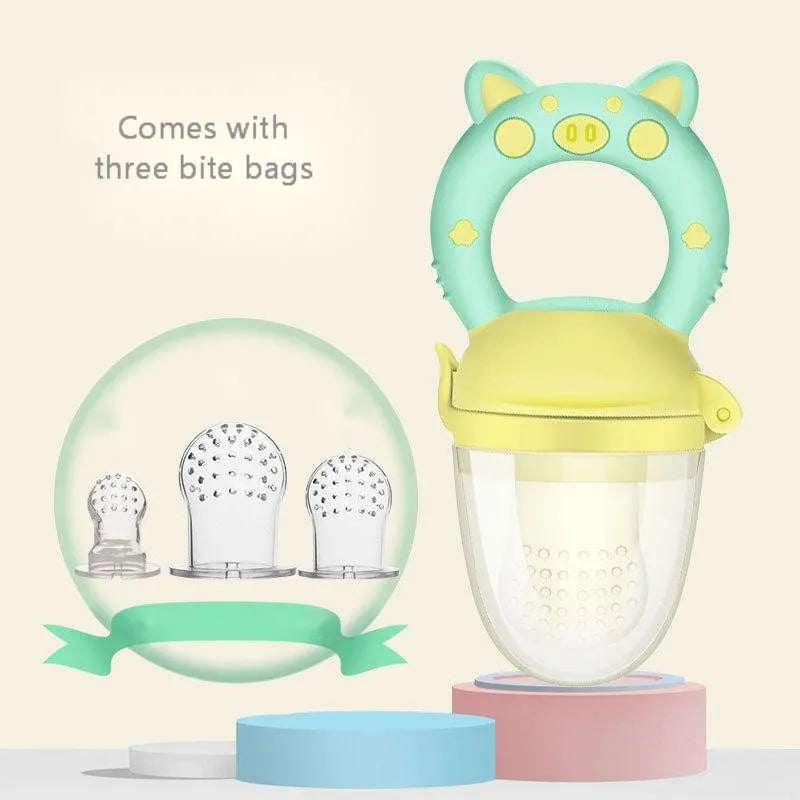 A blue silicone baby teether with a textured mouthpiece for chewing.