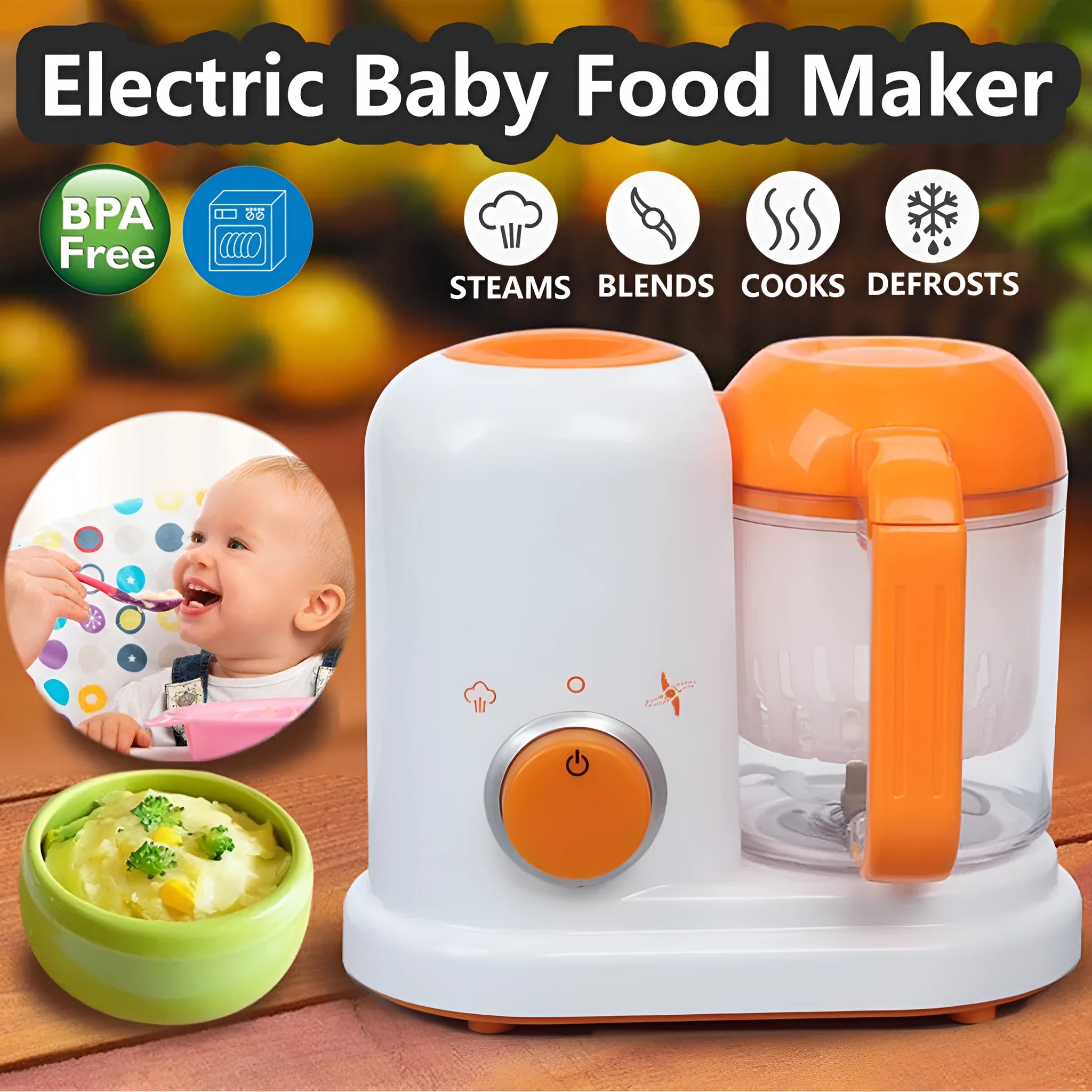 Multi-function baby food processor in light green with 190ml capacity steam and stir functions