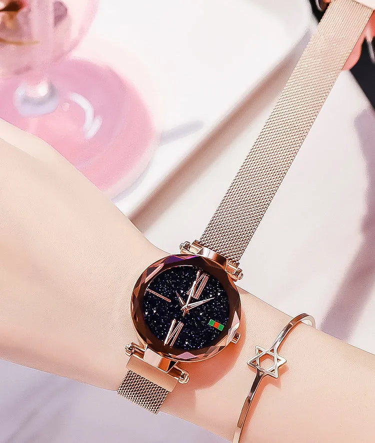 Starry Sky women's watch with magnetic mesh strap, 34mm alloy case, glass surface, diamond dial, available in multiple colours