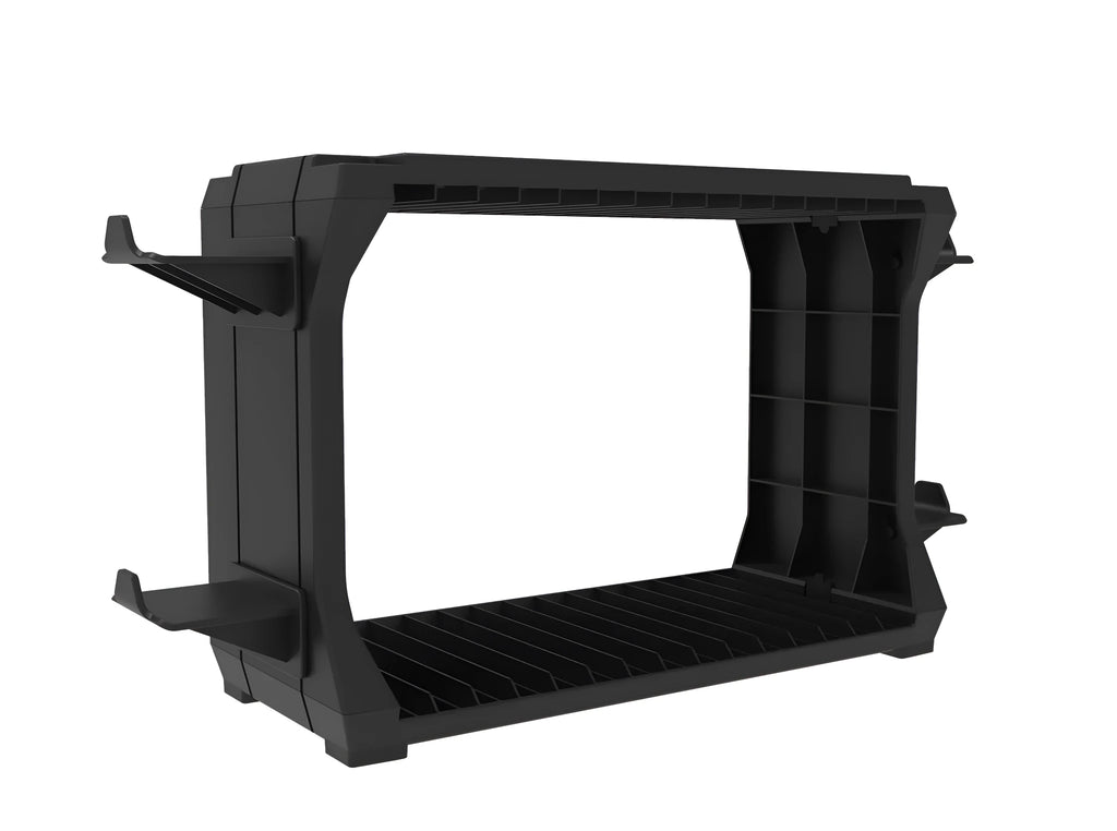 Black PS5 disc holder and controller stand showing game cartridge slots and spaces for four controllers