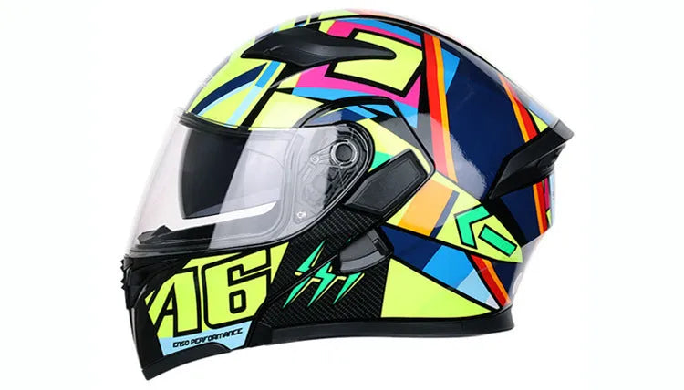 Plastic motorcycle racing helmet with adjustable 55-63cm fit, 38x27cm, available in Black Blue Green Red Yellow