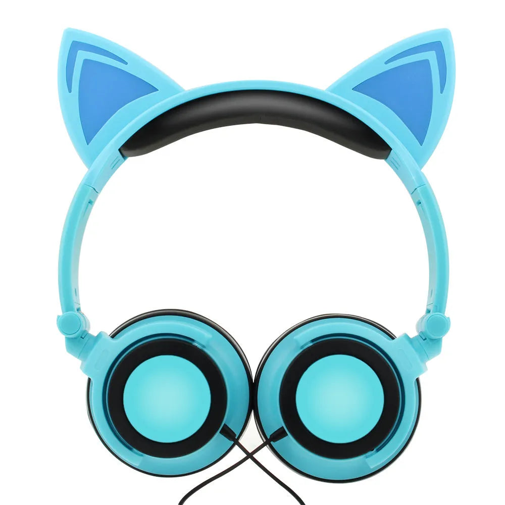 LED illuminated cat ear headphones showing lights on ears and cushions, available in multiple colours