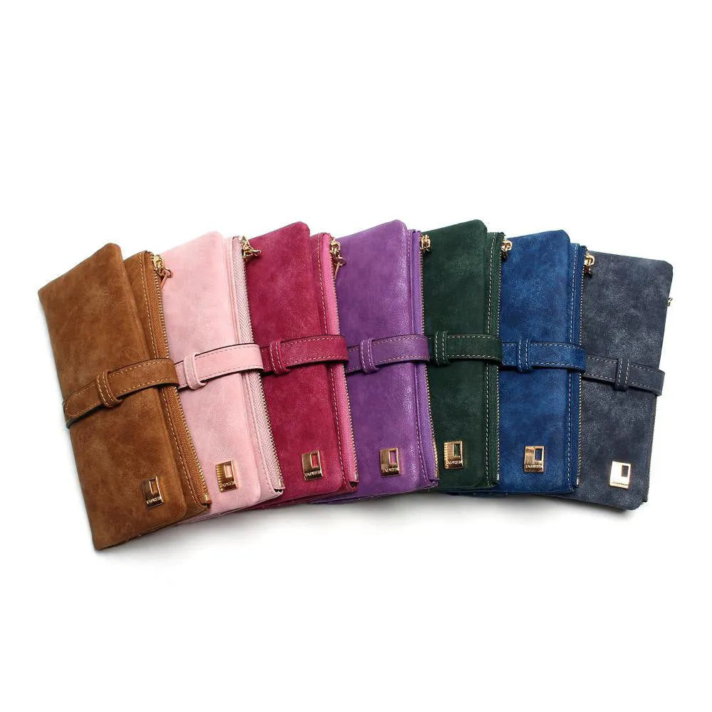 Korean retro style long wallet in soft PU leather with decorative lock and zip closure
