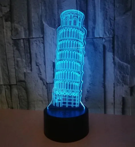 Leaning Tower of Pisa 3D acrylic night light with multi-colour LED glow on a black ABS base.
