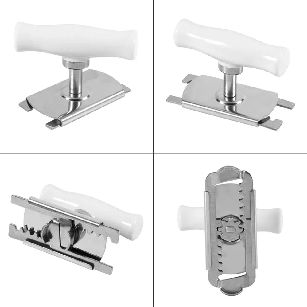 White stainless steel manual adjustable bottle opener with gear design on a table