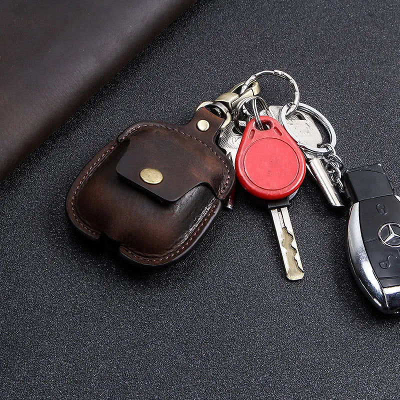Protective leather earphone cover with buckle in dark brown for AirPods