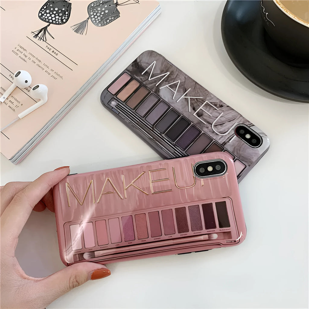 Silicone phone case with eye shadow pattern for iPhone, shown in Flesh and Grey colours