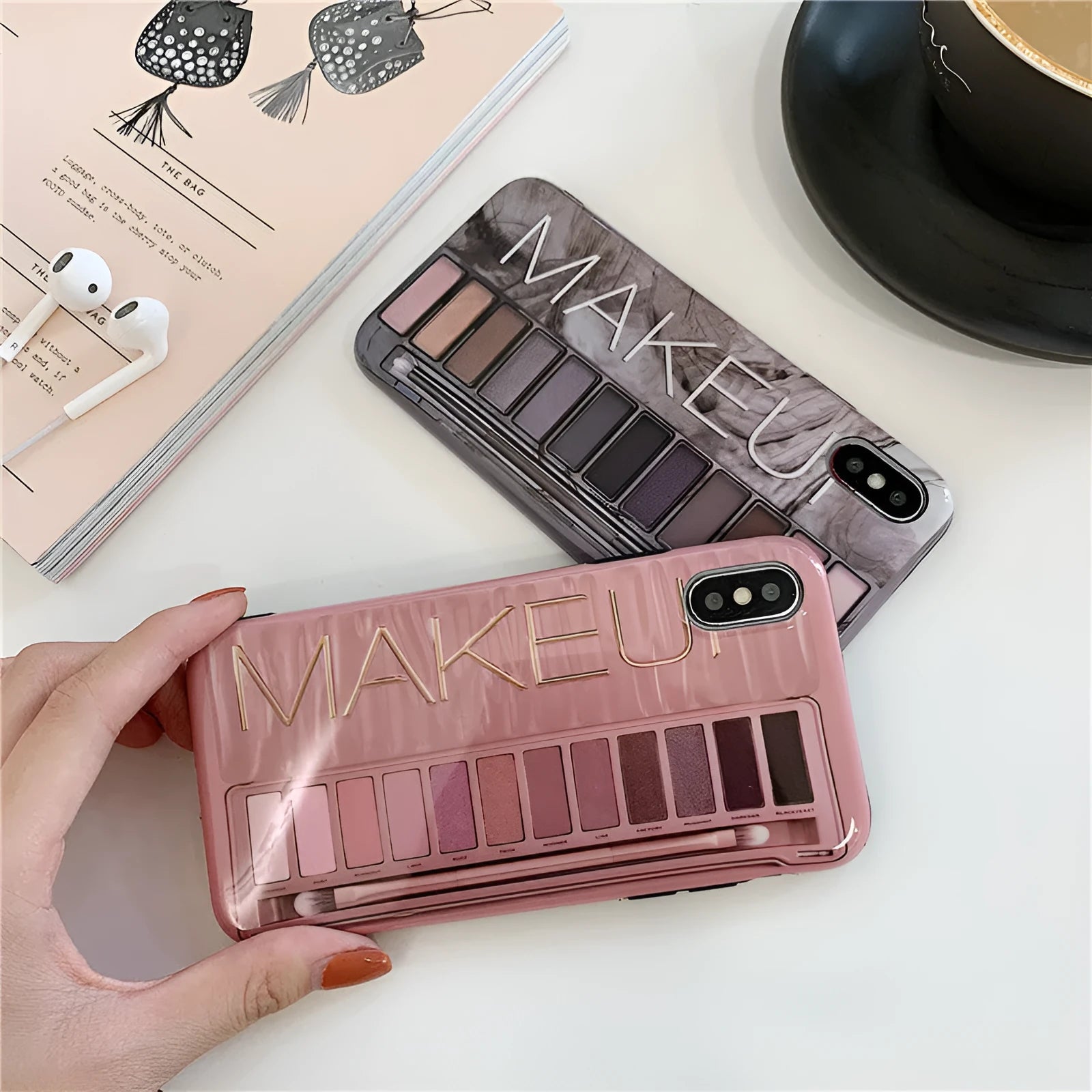 Silicone phone case with eye shadow pattern for iPhone, shown in Flesh and Grey colours