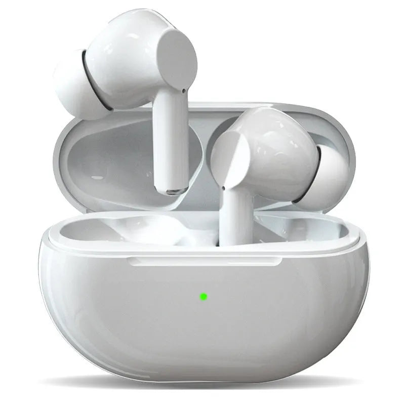 Pro4 black and white wireless Bluetooth earbuds with charging case and cable.