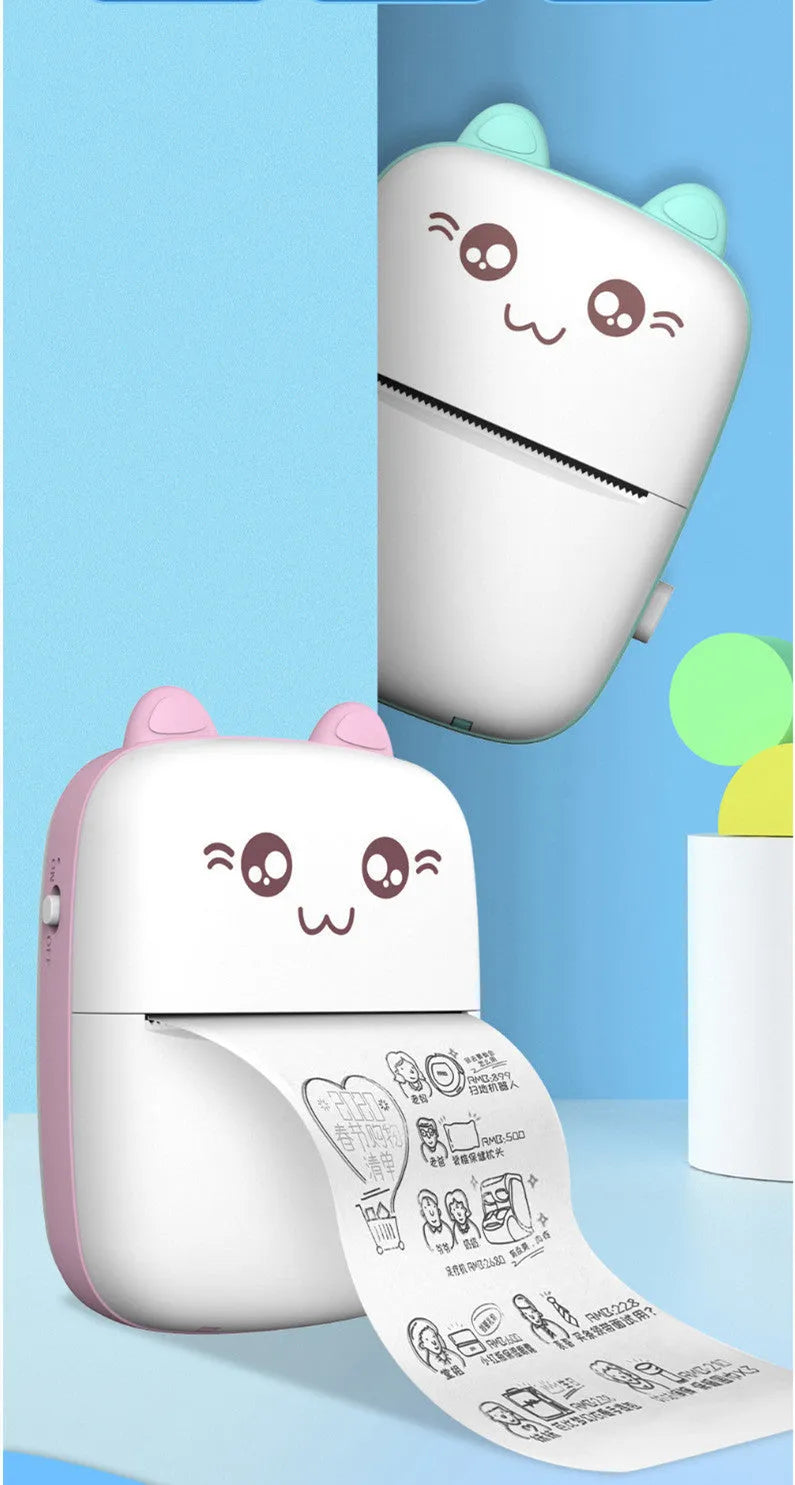 Mini Bluetooth thermal printer in pink with paper roll and phone app interface