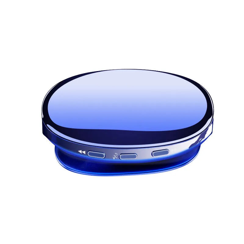 Blue Bluetooth MP4 music player with OLED screen showing track information.