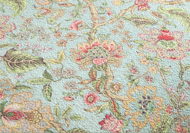 Blue cotton quilted bedspread with American floral and bird pattern, 230x250 cm three-piece set