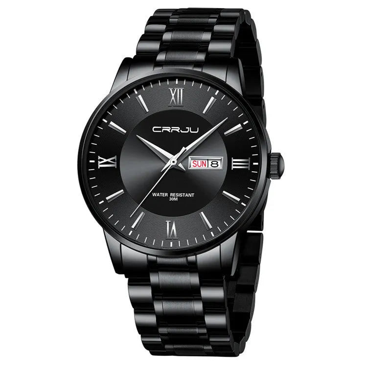 Men's quartz watch with alloy case, plexiglass mirror, and black dial with silver hands on a matching strap.