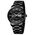 Men's quartz watch with alloy case, plexiglass mirror, and black dial with silver hands on a matching strap.