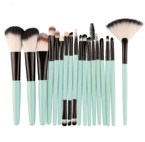 18-piece makeup brush set showing various brush shapes including fan tools for powder and contouring