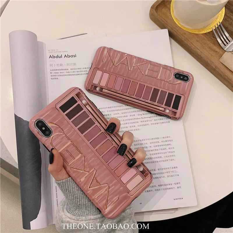 Silicone phone case with eye shadow pattern for iPhone, shown in Flesh and Grey colours