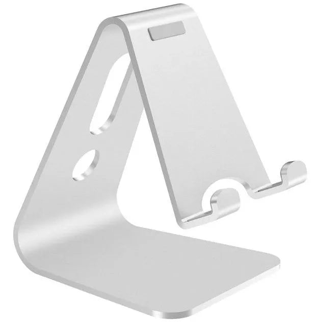 Aluminium Universal Phone Buddy stand holding a mobile phone, shown in silver finish.