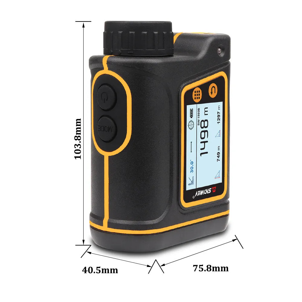 Handheld golf rangefinder device showing compact black housing with display screen and measurement lens