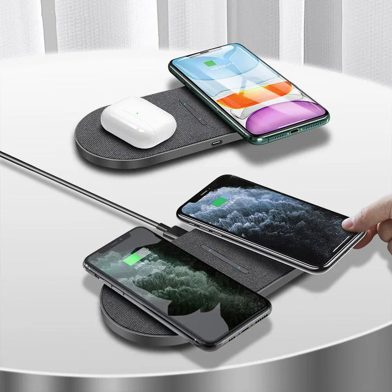 Black 2 in 1 wireless charger with dual 10W quick charge pads and indicator light