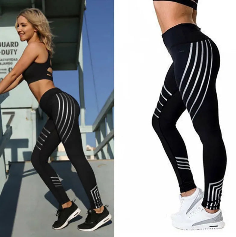 Women's black and white milk silk fitness leggings with night glowing print, slim-fit design.