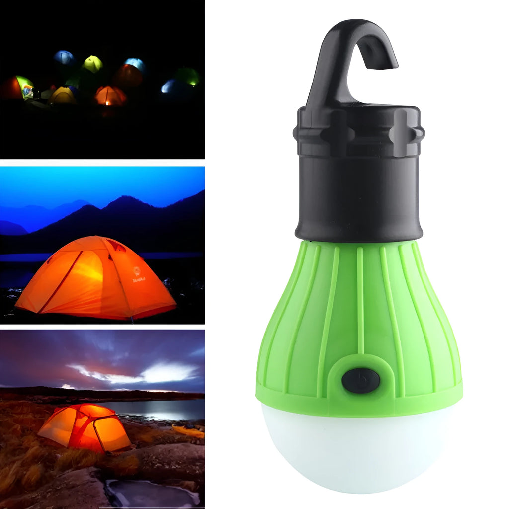 Portable hanging hook camping light with three LED lamps in red, yellow, blue, or green colours