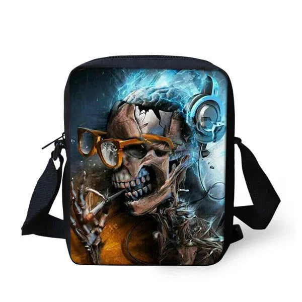Children's skull pattern messenger bag in polyester, showing double straps and zipper opening.
