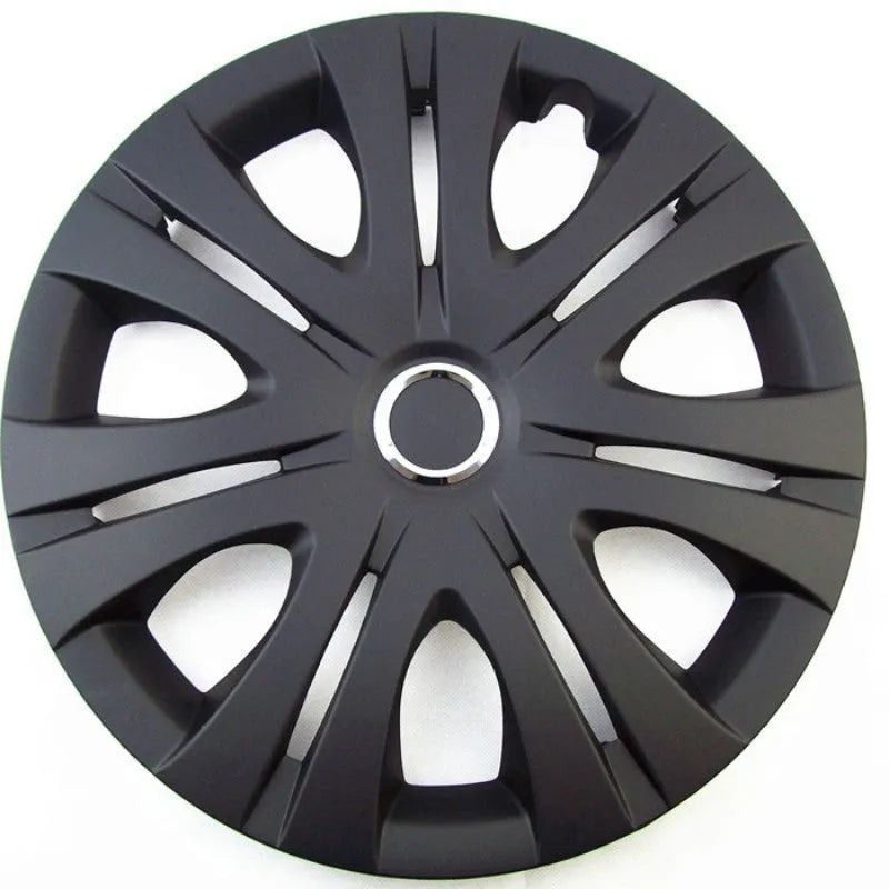 Universal car wheel hub cover in black, silver, and electroplated monochrome finishes.