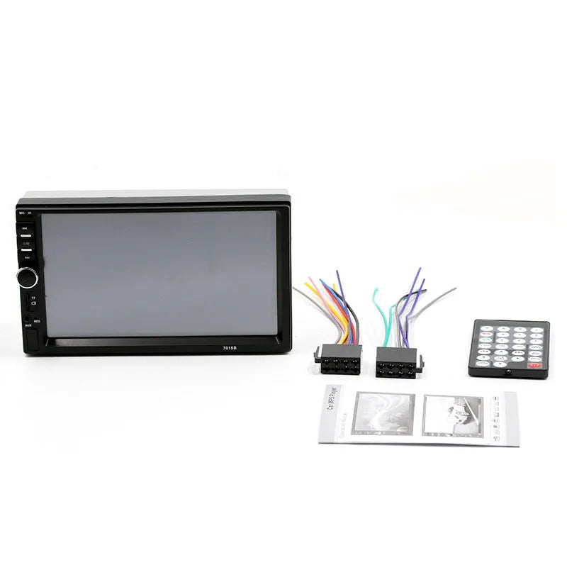 Black 7-inch dual spindle vehicle MP5 player with Bluetooth and reversing function on car dashboard