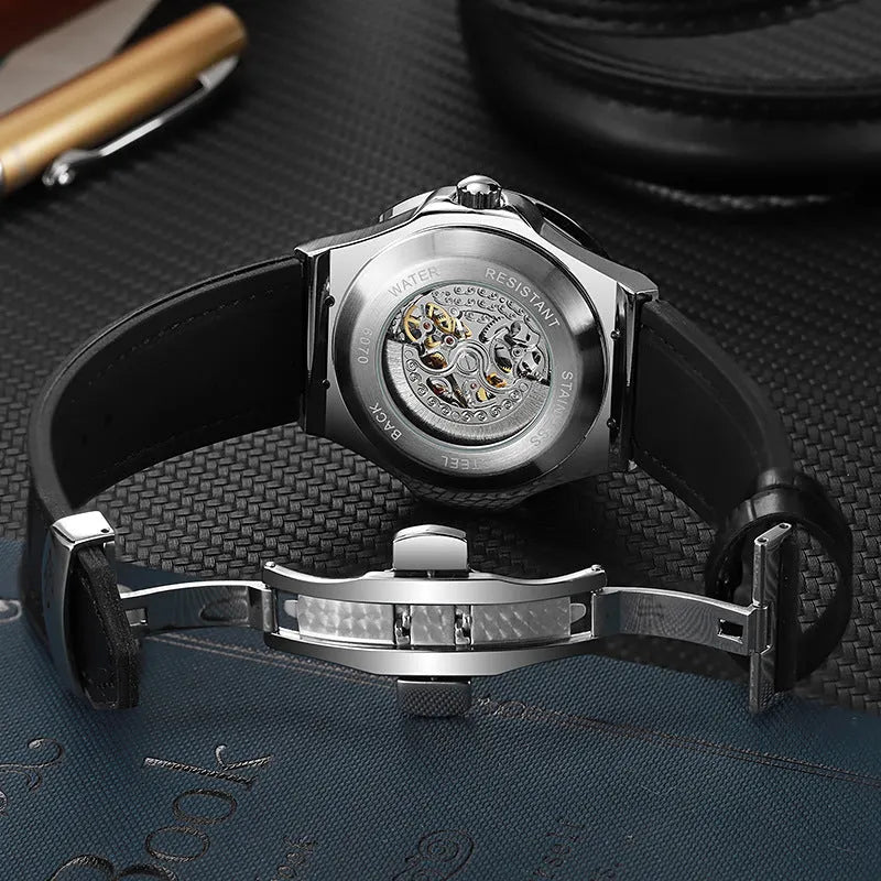 Automatic mechanical men's watch with hollow movement and diamond studs on white shell case