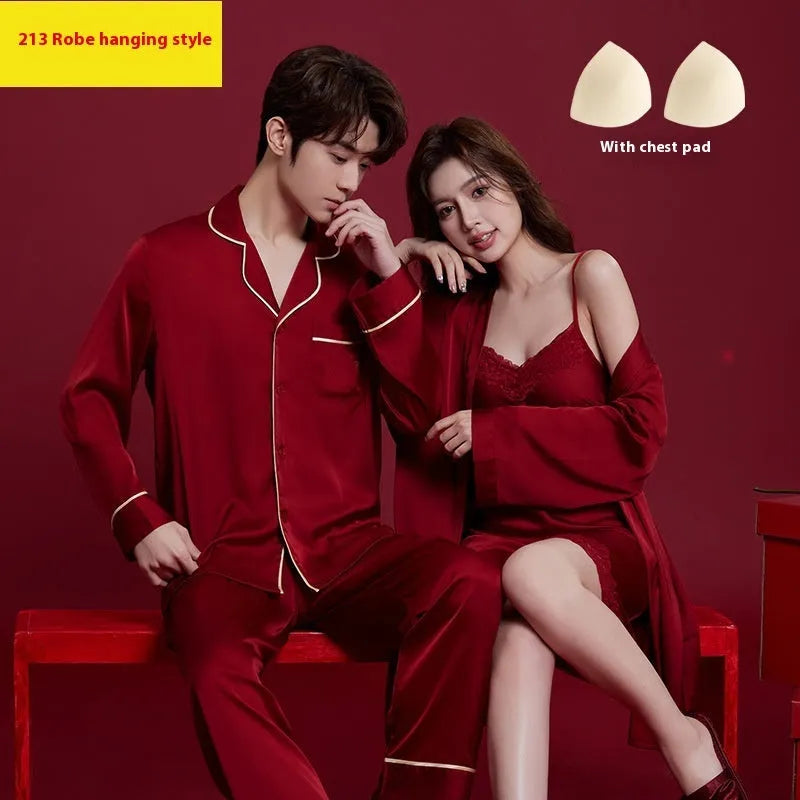 Red polyester sleepwear set for men and women with long sleeves and trousers