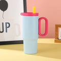 Large insulated straw cup with handle in multiple colour options showing temperature retention features