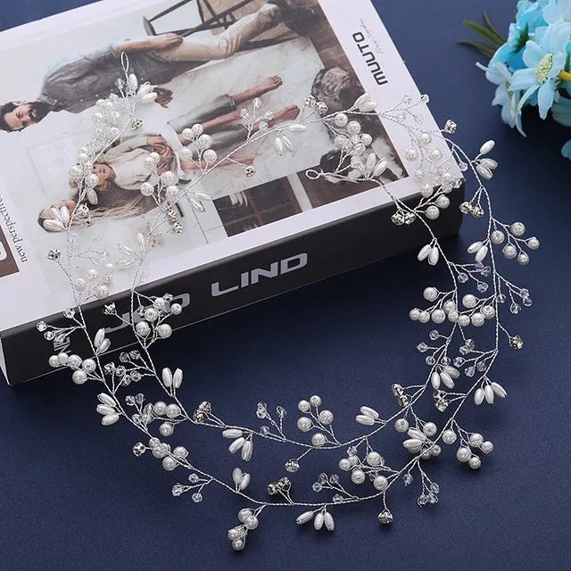 Bride's long hair band with crystal and pearl decoration in gold, silver, or rose gold colour options.