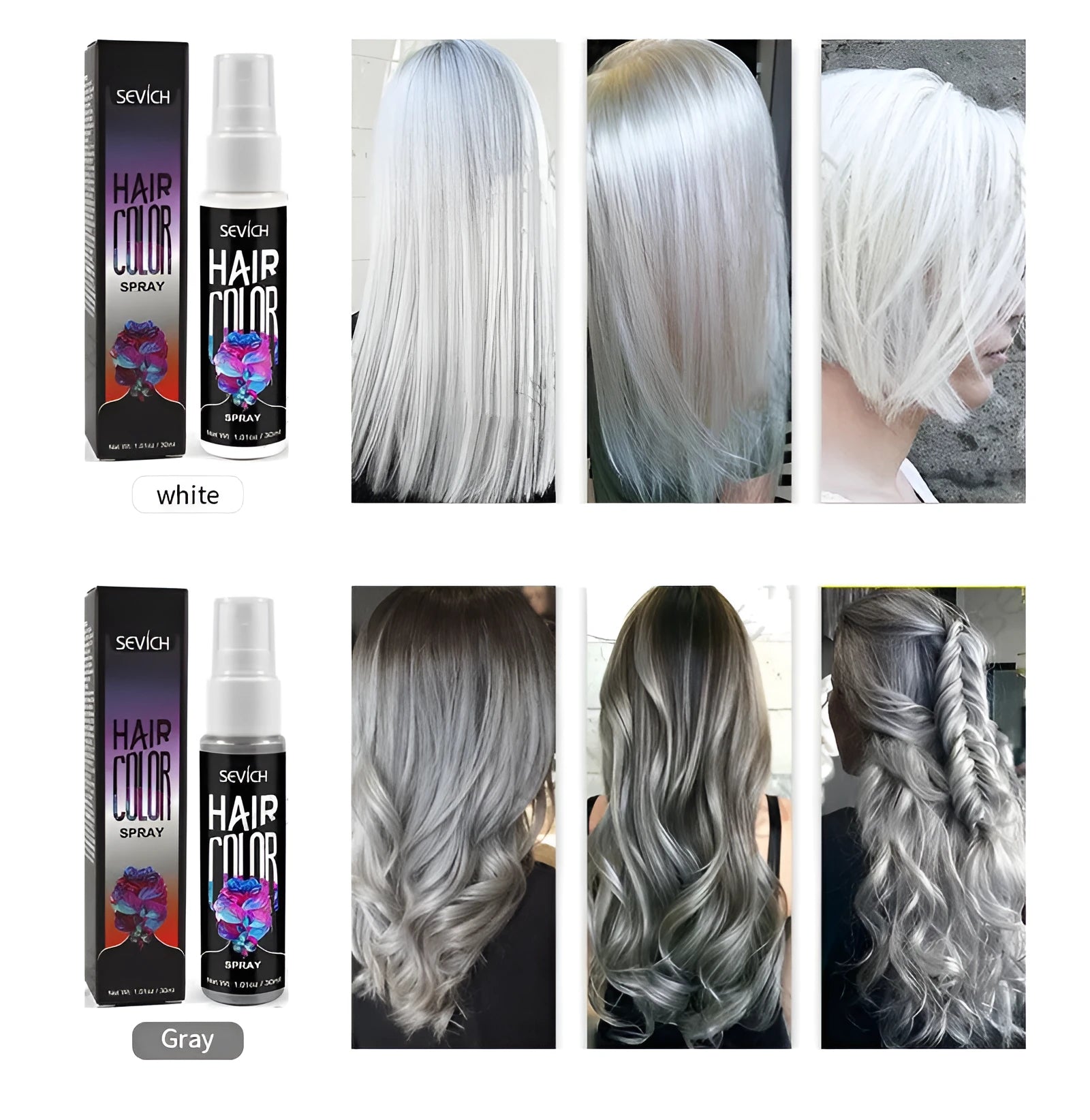 Disposable hair dye spray canister with temporary colour options in blue, grey, pink, purple, red, and white shades