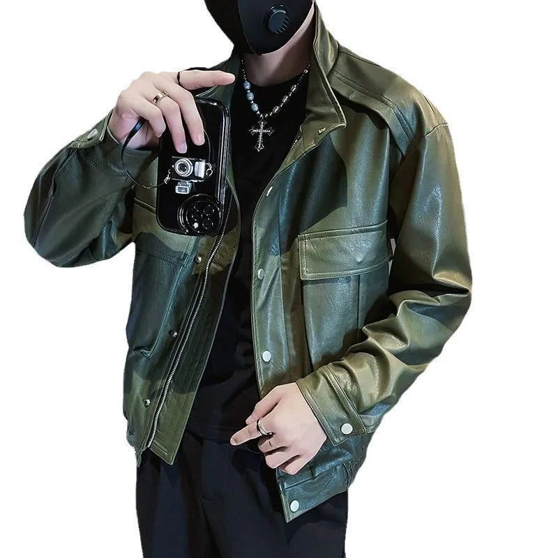 Men's black Korean-style PU leather jacket with straight hem and side pockets.